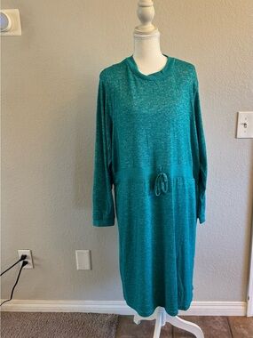 Vintage American Sweetheart Long Sleeve Teal Pullover Drawstring Waist Dress